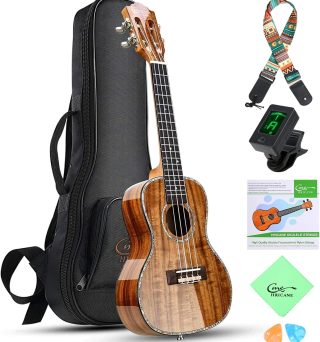 Professional Concert Ukulele 23 Inch for Adults, Koa Acacia Solid Wood Ukelele Beginners Kit Glossy Satin Finished Body with Gig Bag Tuner Strap Strings Set Pick