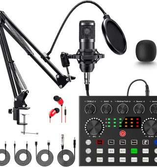 Podcast Equipment Bundle, BM-800 Mic Kit with Live Sound Card, Podcast Microphone Bundle with Studio Microphone, Recording Studio Equipment for Live Streaming, Broadcasting with Phone/PC/Laptop